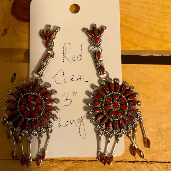Native American Red Coral Statement Earrings. Genuine Coral and Sterling Silver. - Picture 1 of 1